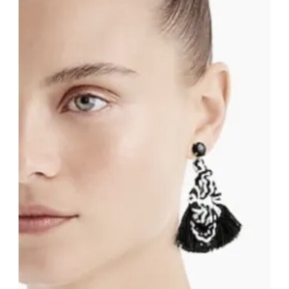 J. Crew Black White Knitted Sailors Knot Tassel Fringe Silver Tone Earrings New